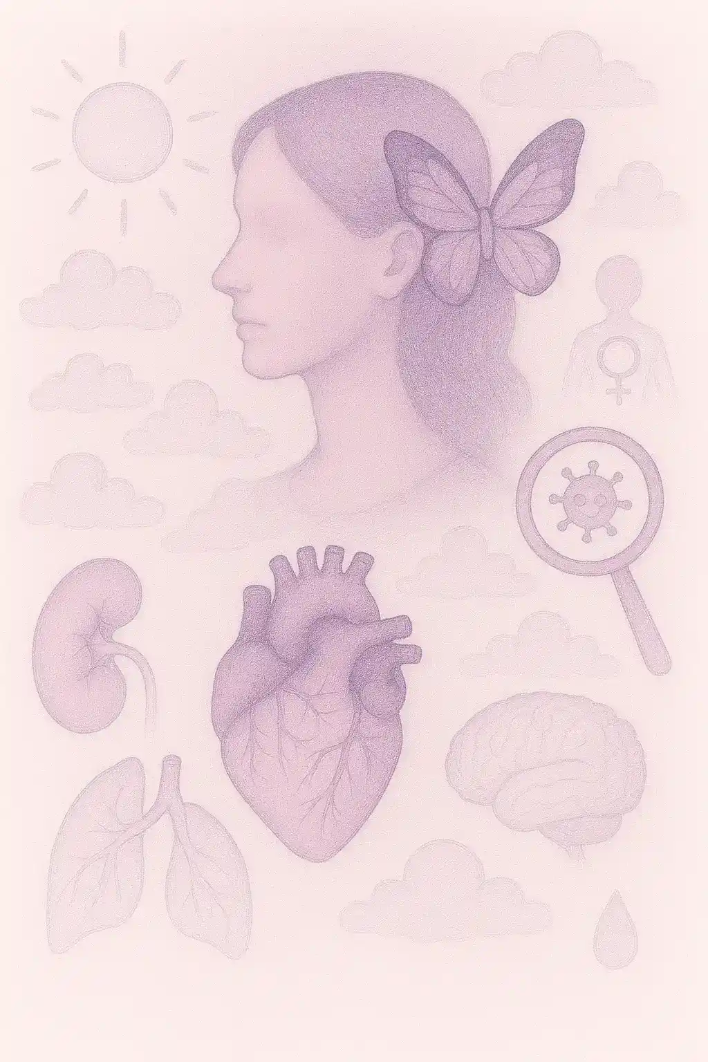 Illustration of a woman with a butterfly in her hair surrounded by symbols of lupus impact, including sun, clouds, organs, and a magnifying glass representing deeper understanding of the disease.